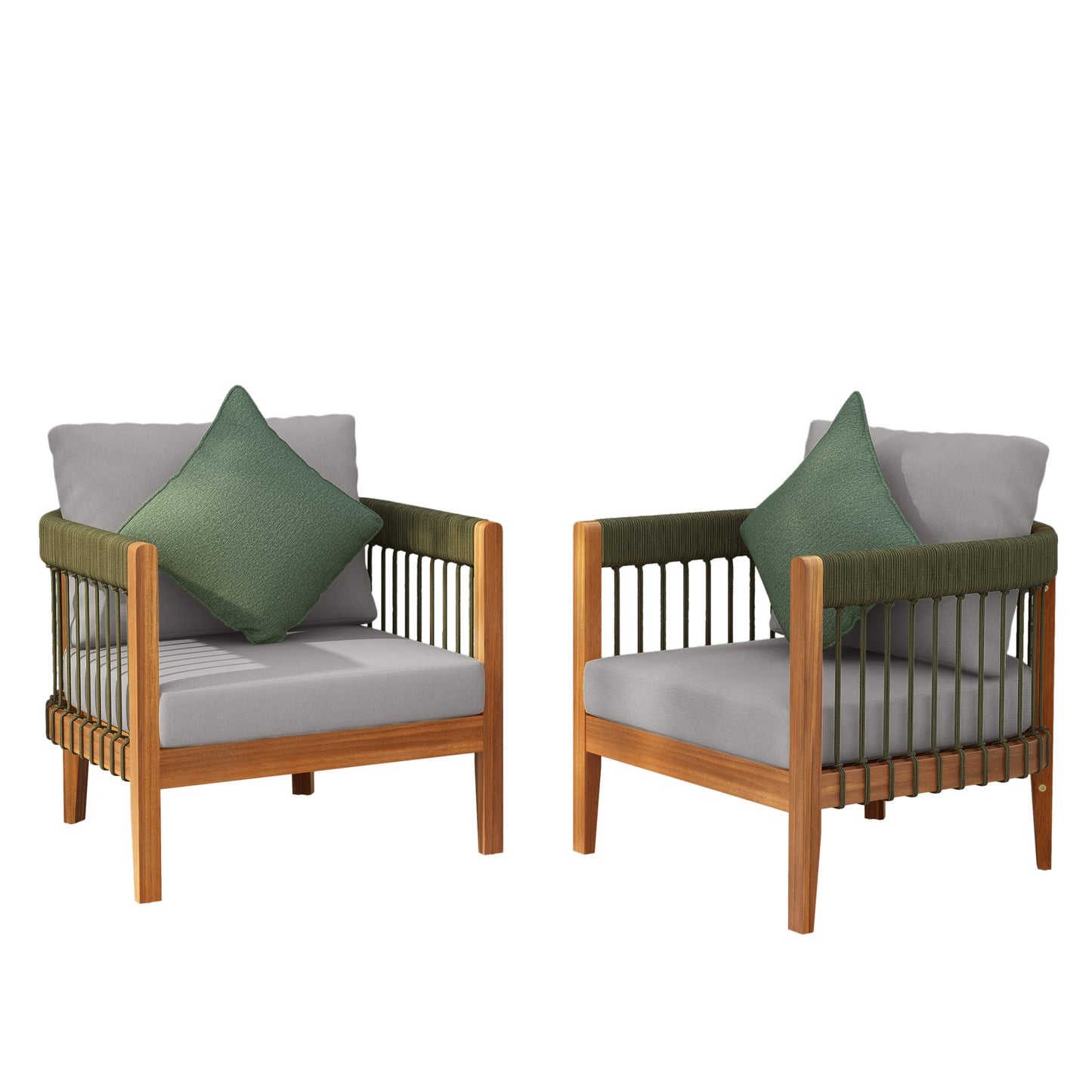 Acacia Wood Outdoor Club Chair With Handwoven Rope Accents & Curved Backrest - Water-Resistant Boho Patio Lounge Chair With Removable Cushions For Porch, Garden
