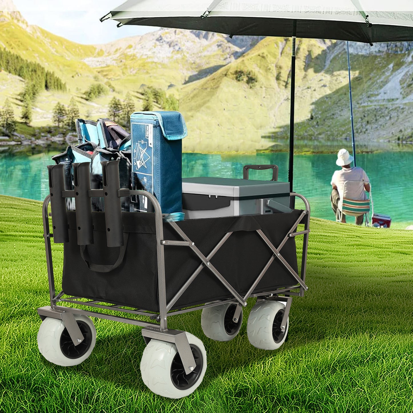 Fishing Cart With Rod Holders  Beach Wagon With Big Wheels For Sand 500lbs Capacity -  All Terrain Steel Frame Utility Cart With 9  Pneumatic Tires Strap With Multiuse Bag  Black