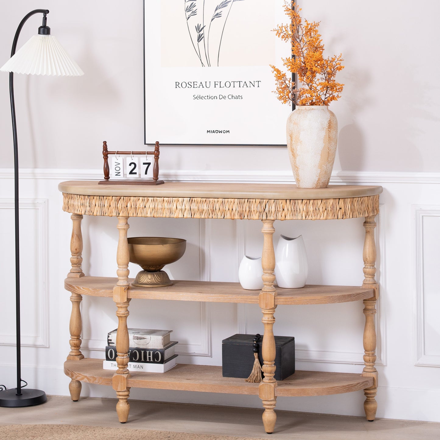 Handcrafted Wood Console Table With Hand-Woven Trim, 3-Tier Storage Shelves, Oval Entryway Table With Carved Legs, Rustic Coastal Farmhouse Accent Table, 49  Hallway Sofa Table