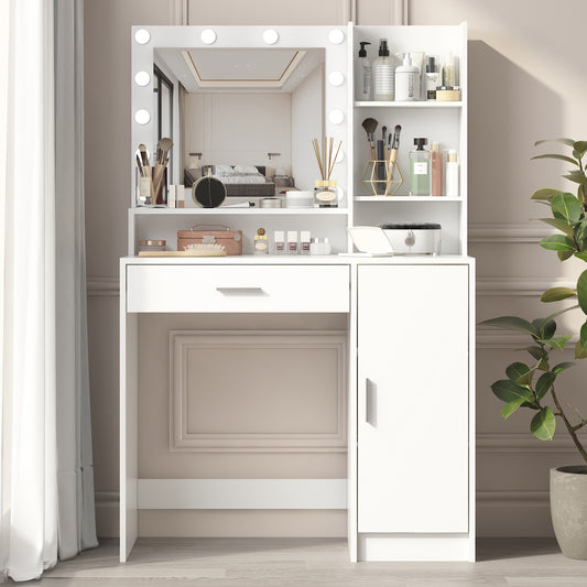 Vanity Desk With Mirror & Light, Large Drawer Three Level Storage Dresser, 3 Lighting Modes Adjustable Brightness, Bedroom Dressing Table White