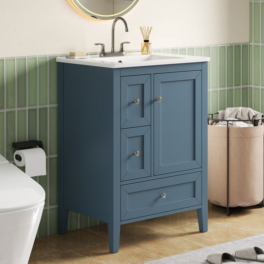 24  Modern Blue Gray Bathroom Vanity With Ceramic Sink, Solid Wood Legs, Soft-Close Drawers & Door, Storage Rack, Painted Surface Finish