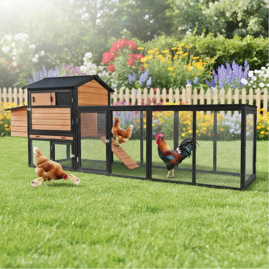 Brown Black Wooden Chicken Coop, Large Outdoor Hen House With Run And Nesting Box Poultry Cage, Rabbit Hutch, Waterproof Anti-UV Panel For Backyard