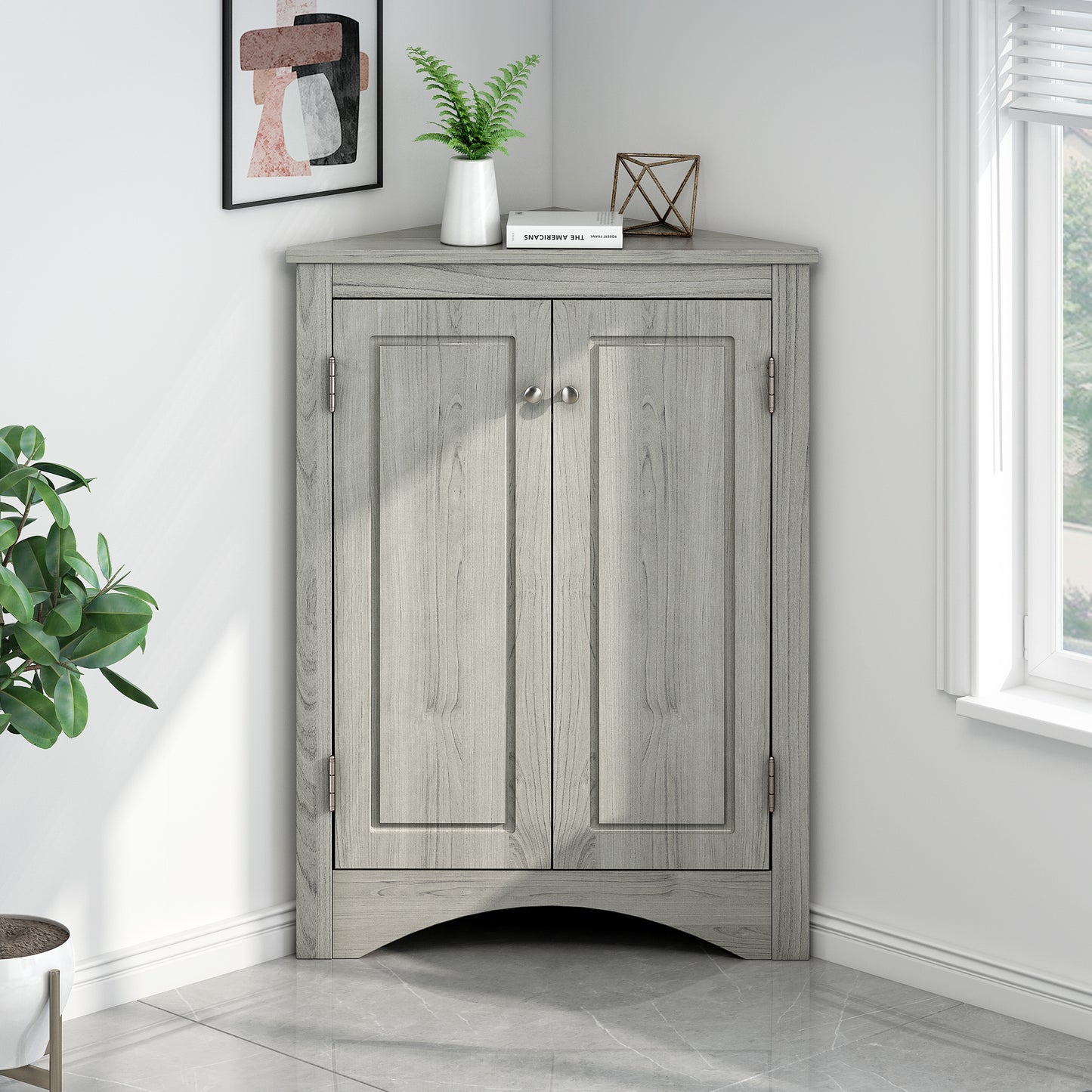 Oak Triangle Bathroom Storage Cabinet With Adjustable Shelves, Freestanding Floor Cabinet For Home Kitchen