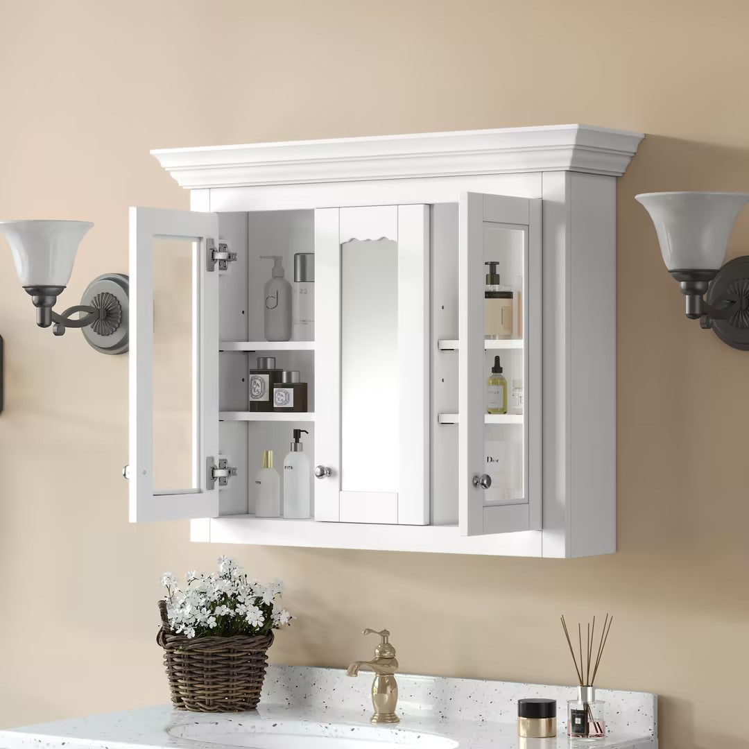 35   Bathroom Medicine Cabinet With Mirror, 5 Closed & Adjustable Shelves, Bathroom Wall Mounted Storage Cabinet With Glass Doors