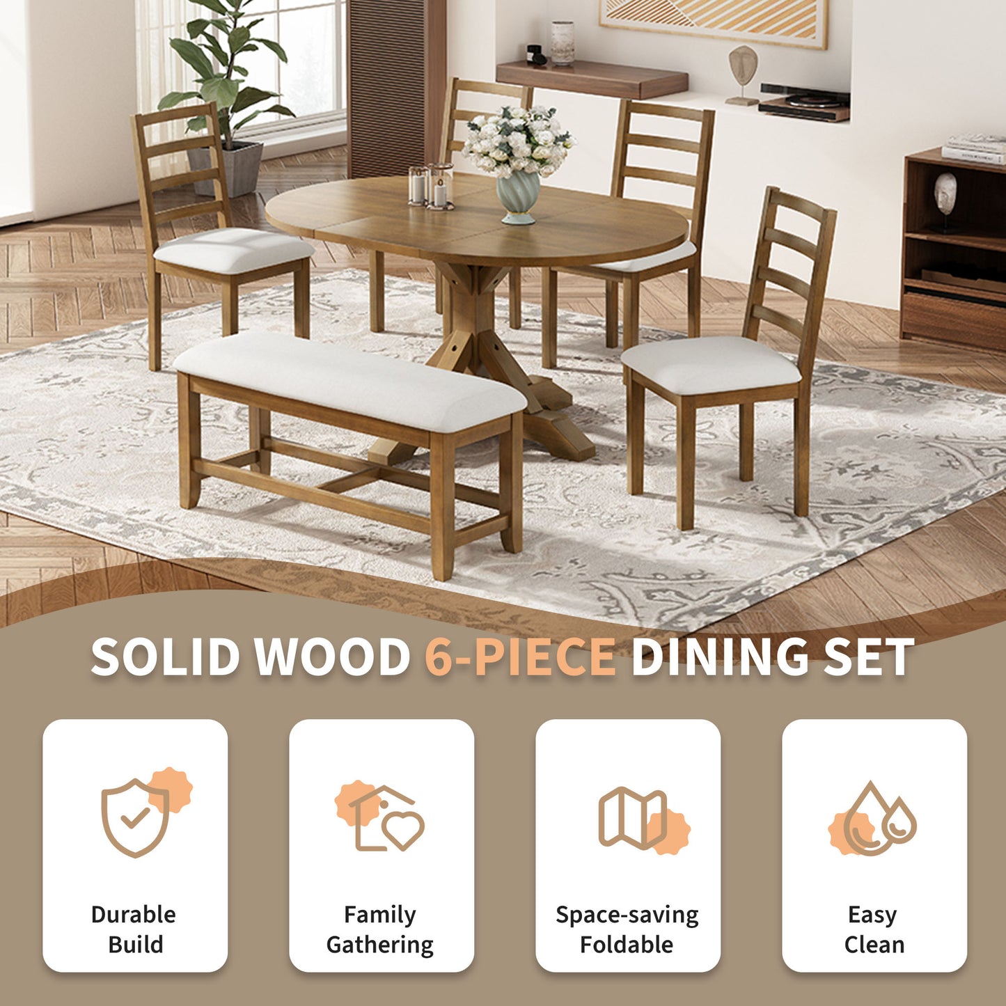 TOPMAX Farmhouse 6-Piece 60inch Extendable Pedestal Dining Table Set With 18inch Removable Leaf, 44inch Bench And 4 Ladder Back Dining Chairs, Dark Brown Beige OLD