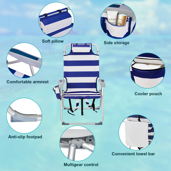 63x70x99cm Heightened Oxford Cloth Silver White Aluminum Tube Bearing Beach Chair Blue Stripes
