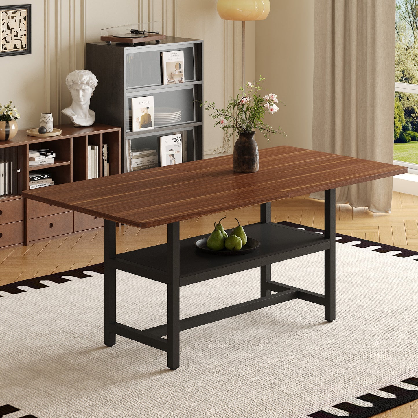 A 71 X35.4 Inch Dining Table With A Tabletop Cleverly Pieced Together By Four Walnut Textured MDF Boards. The Desktop Has A 43.3 X19.7 Storage Platform. Very Suitable For Family Gatherings,etc.