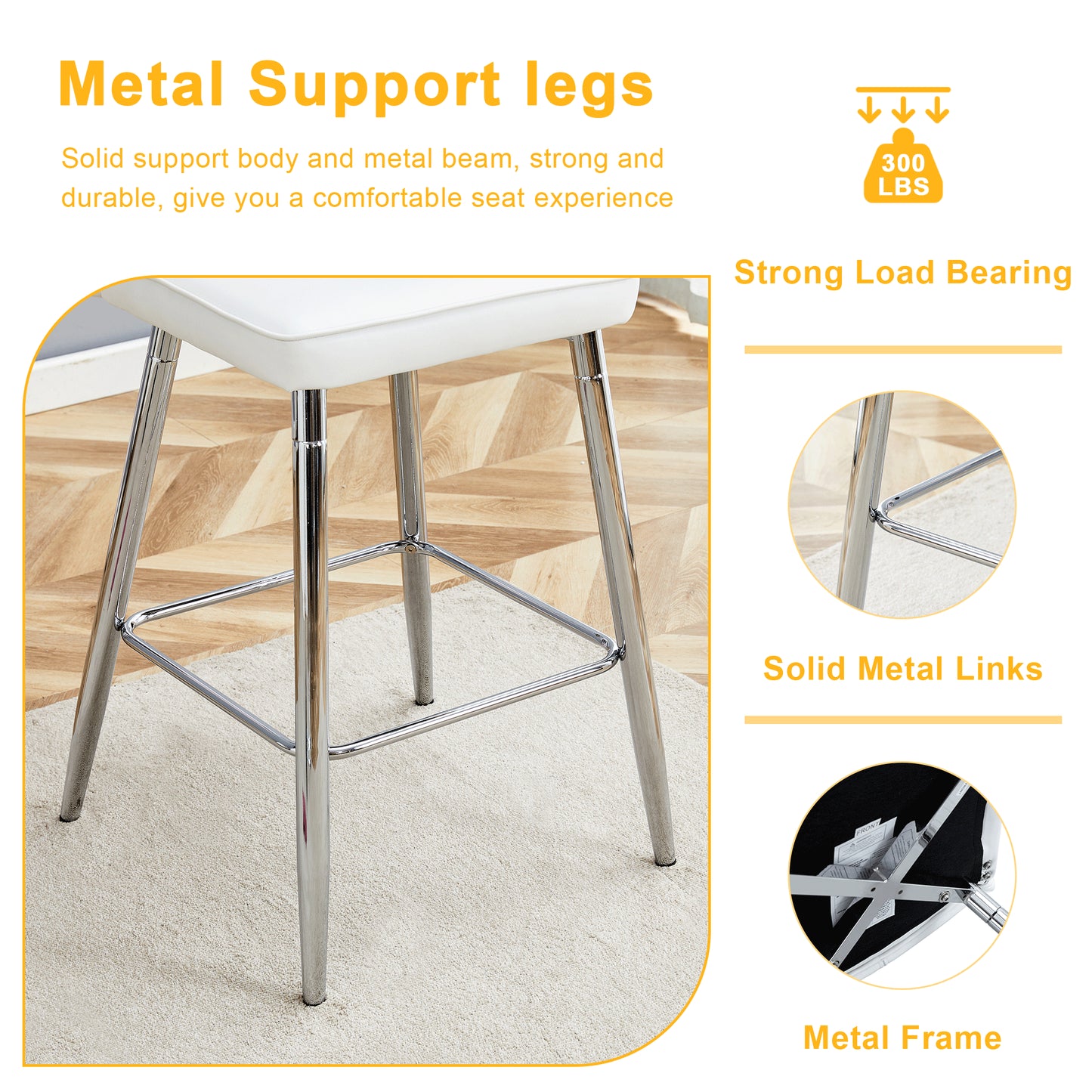 Modern White PU Bar Chair Set - Two Pieces, The Backrest Has A Vertical And Smooth Line Design With Silver Metal Leg.Suitable For Placement In Bars, Living Rooms, Bars, And Other Venues.