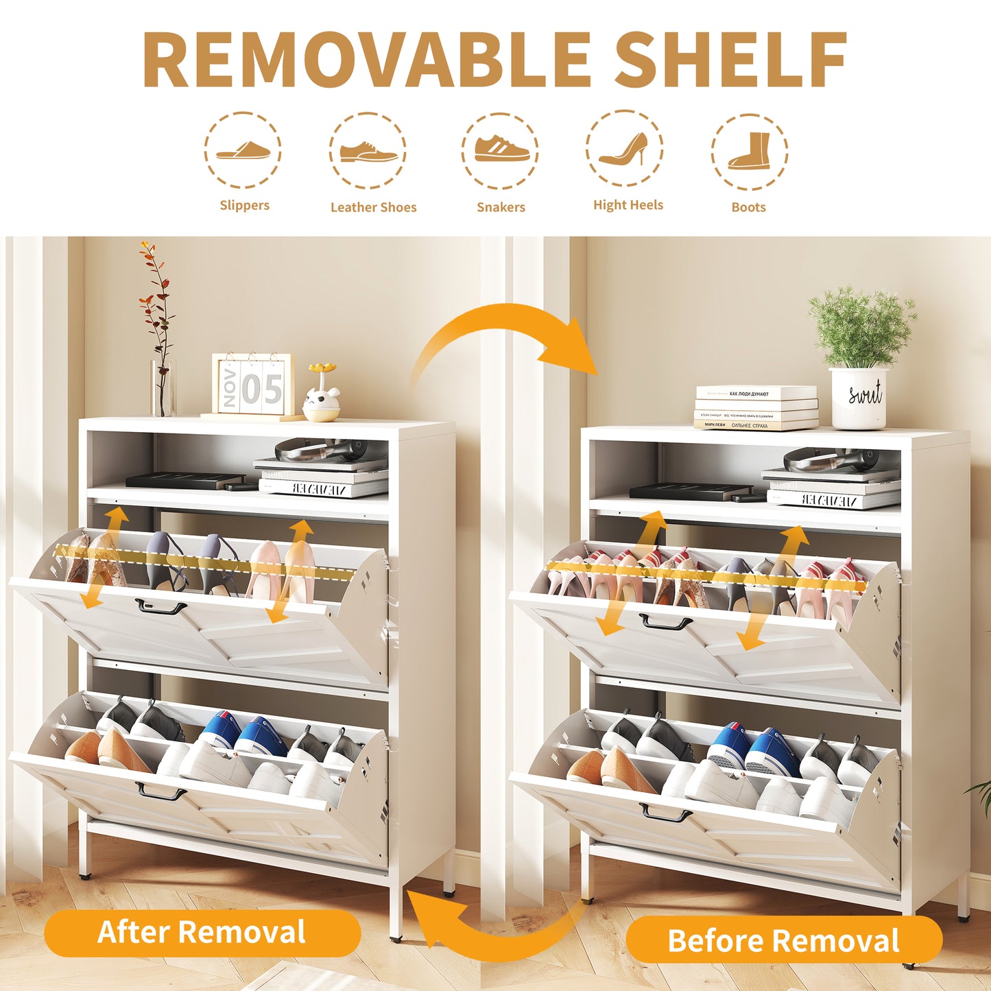 Metal Shoe Cabinet White - 2 Flip Drawers  Open Storage Layer Rack, Slim 11.8 D Freestanding Steel Shoe Organizer, Anti-Tip Hidden Entryway Shoe Rack