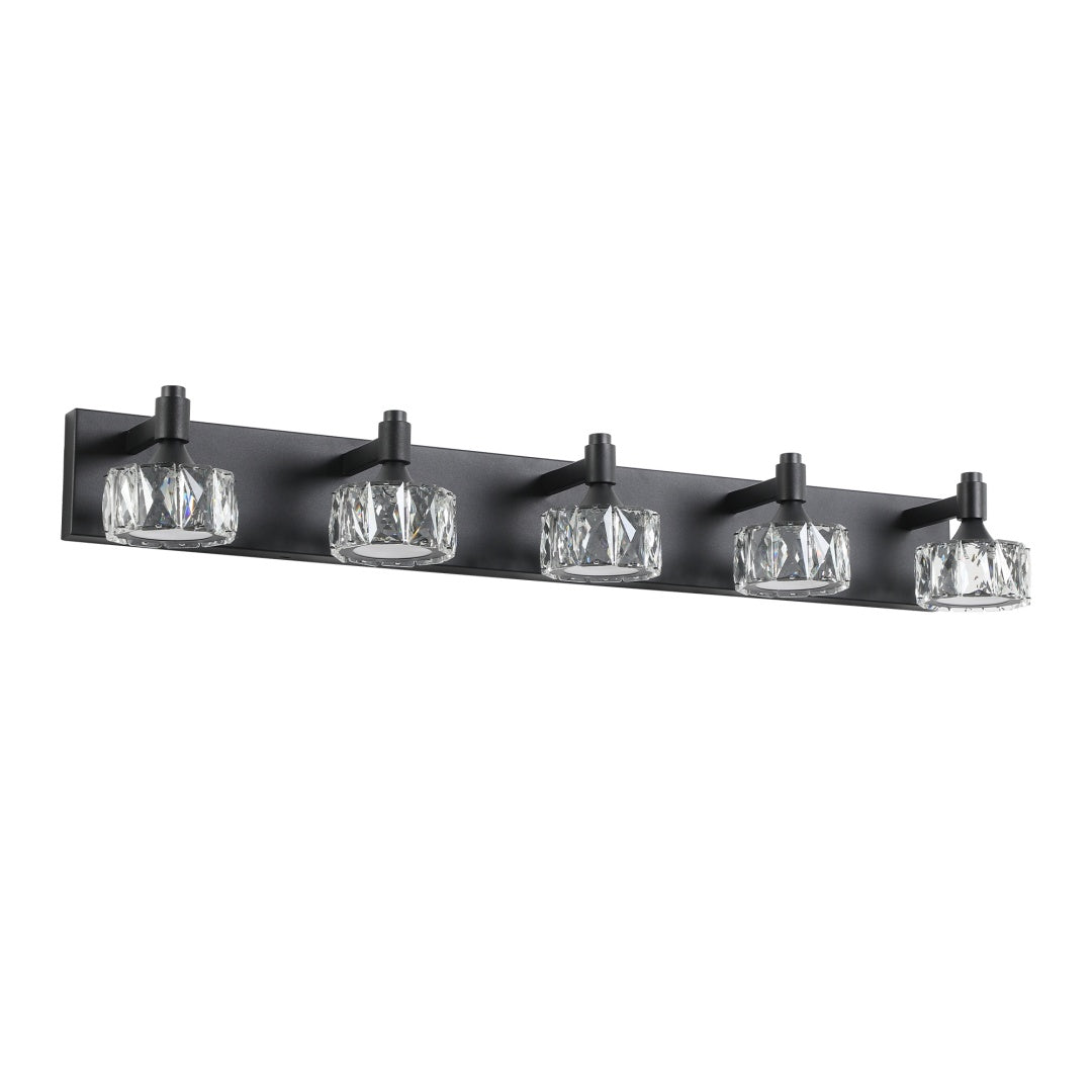 Modern 5-Light Matte Black LED Vanity Light Fixture With Crystal Glass Shades, Bathroom Wall Sconce For Elegant And Contemporary Home Decor