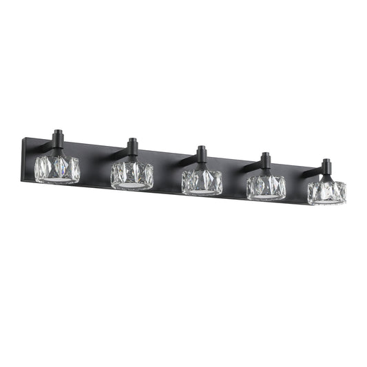 Modern 5-Light Matte Black LED Vanity Light Fixture With Crystal Glass Shades, Bathroom Wall Sconce For Elegant And Contemporary Home Decor