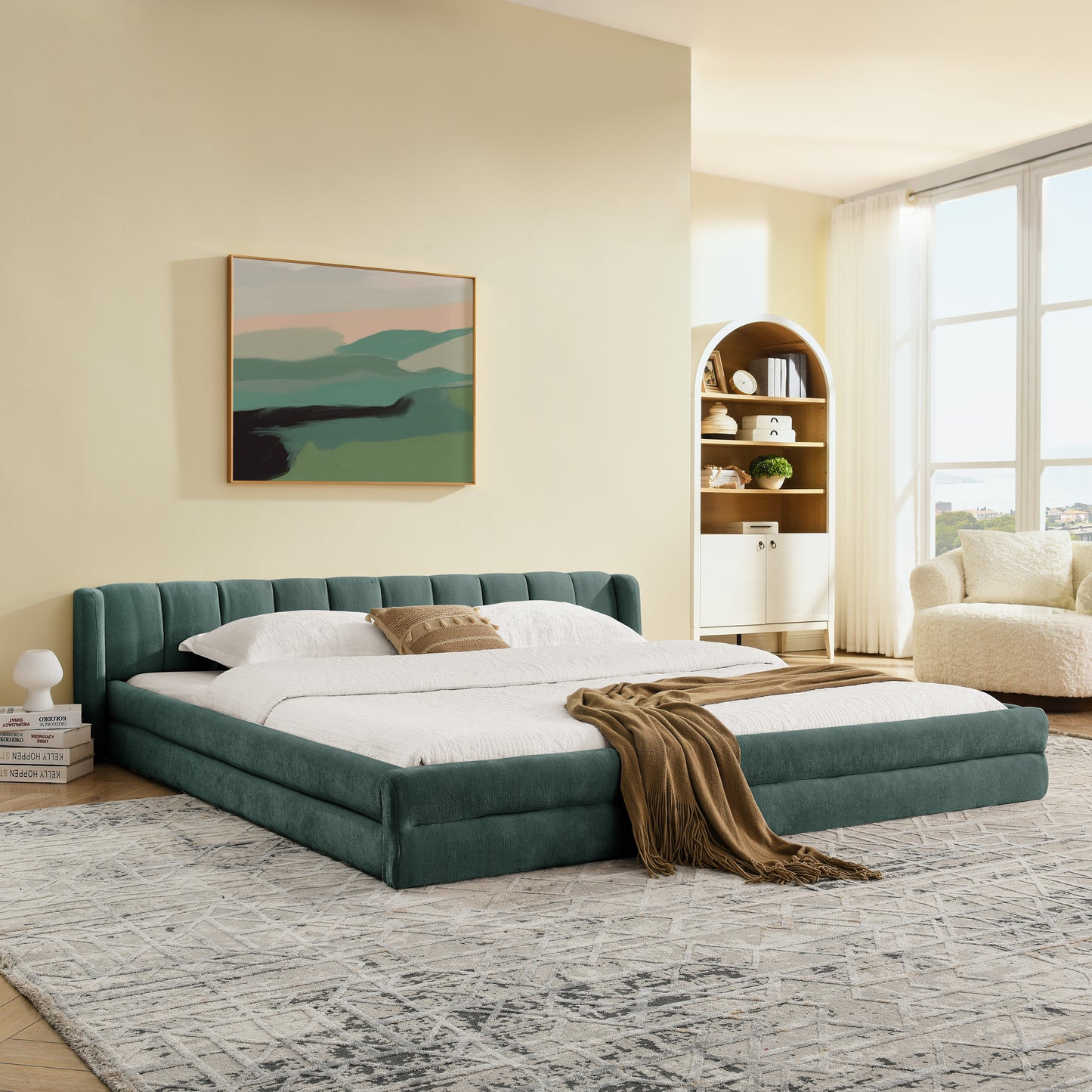 King Size Upholstered Bed Frame With Thick Fabric, Comfortable Upholstered Bed Frame, Chenille Fabric, With Headboard And Solid Bed Frame-Blue Green88x87x23