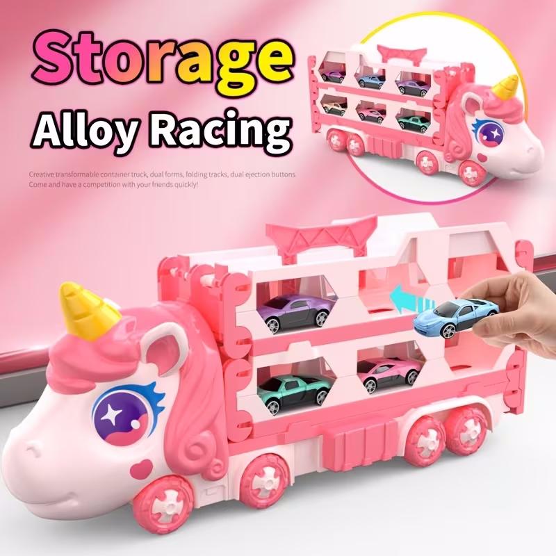 Cute  Transforming Truck Toy Expandable Racetrack & Vehicle Storage Set Portable Carrier With Mini Cars Toy For Girls Ages 3 And Up,Pickup Only