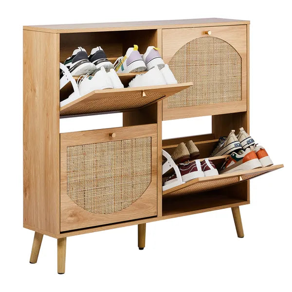 2 Rows Of 4 Dump Buckets With High Feet Arched Rattan Surface Shoe Cabinet Density Board With Triamine 105X24X98cm Original Wood Color