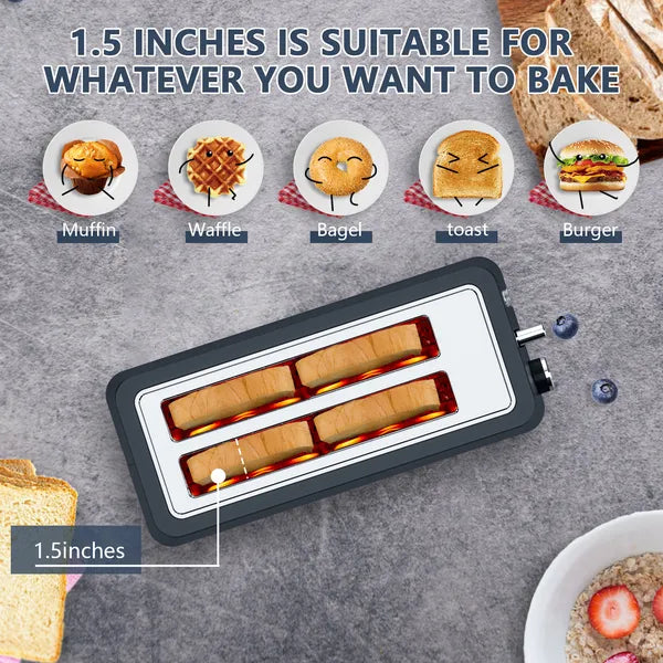 4-Slice Toaster, Extra Wide Long Slot Toaster, 6 Browning Settings, Bagel/Defrost/Reheat Functions, Removable Crumb Tray, Stainless Steel Housing, Matte Black