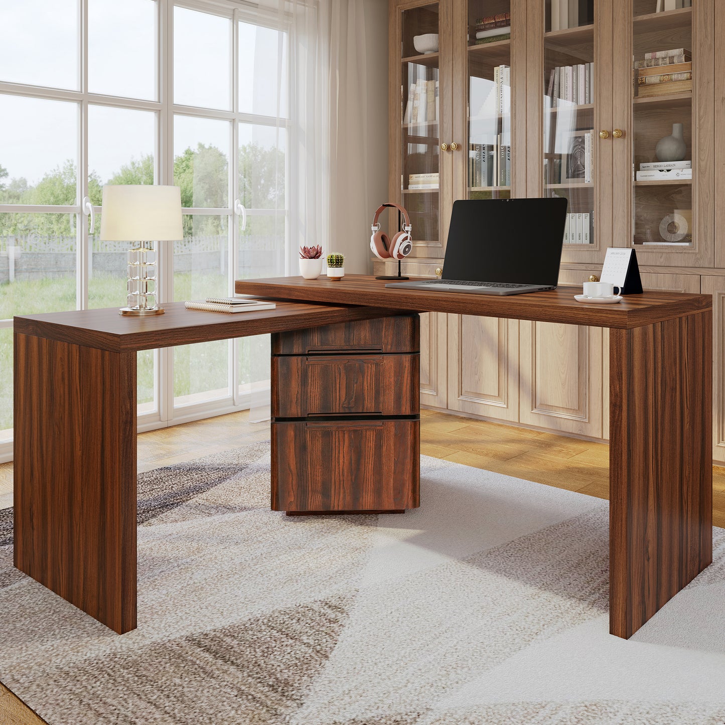 90 Modern L Shaped Desk In Walnut With 3 Drawers,360 Wood Rotating Desk,Executive Office Desk,Corner Desk,Office Study Workstation,for Home Office Or Living Room