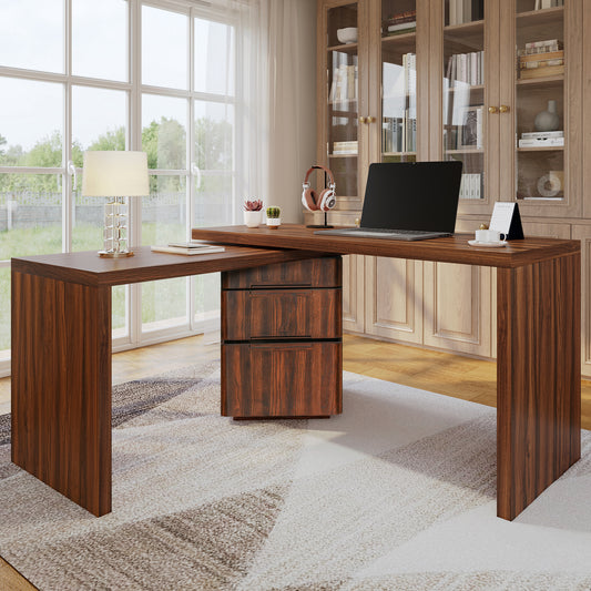 90 Modern L Shaped Desk In Walnut With 3 Drawers,360 Wood Rotating Desk,Executive Office Desk,Corner Desk,Office Study Workstation,for Home Office Or Living Room