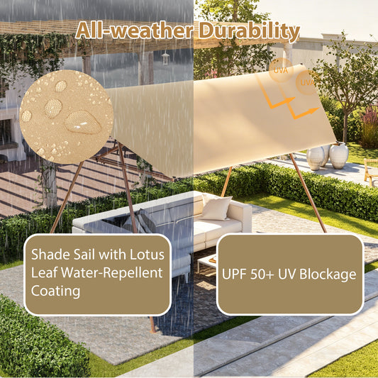 Hexagonal Shade Sail Canopy, Large 206 X118  UV Block Sun Shade With UPF 50 , Waterproof High-Density Polyester Fabric, Brown Rust-Resistant Poles & Built-in Hooks For Patio Backyard -Light Khaki