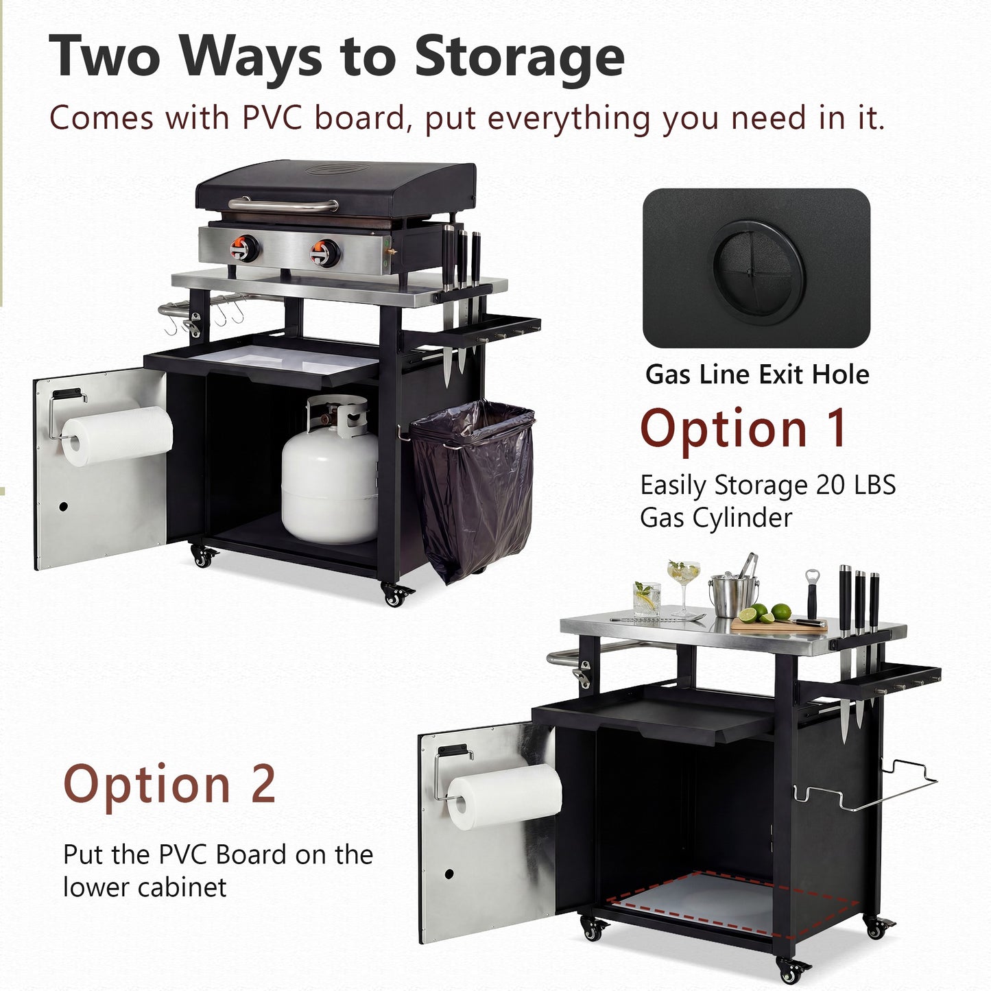 K&K 39.5  Outdoor Grill Cart With Storage Cabinet, Outdoor Bar Cart Pizza Oven Table With Wheels, Stainless Steel Top, Outdoor Kitchen Island With Spice & Paper Rack For BBQ, Waterproof Cover Included