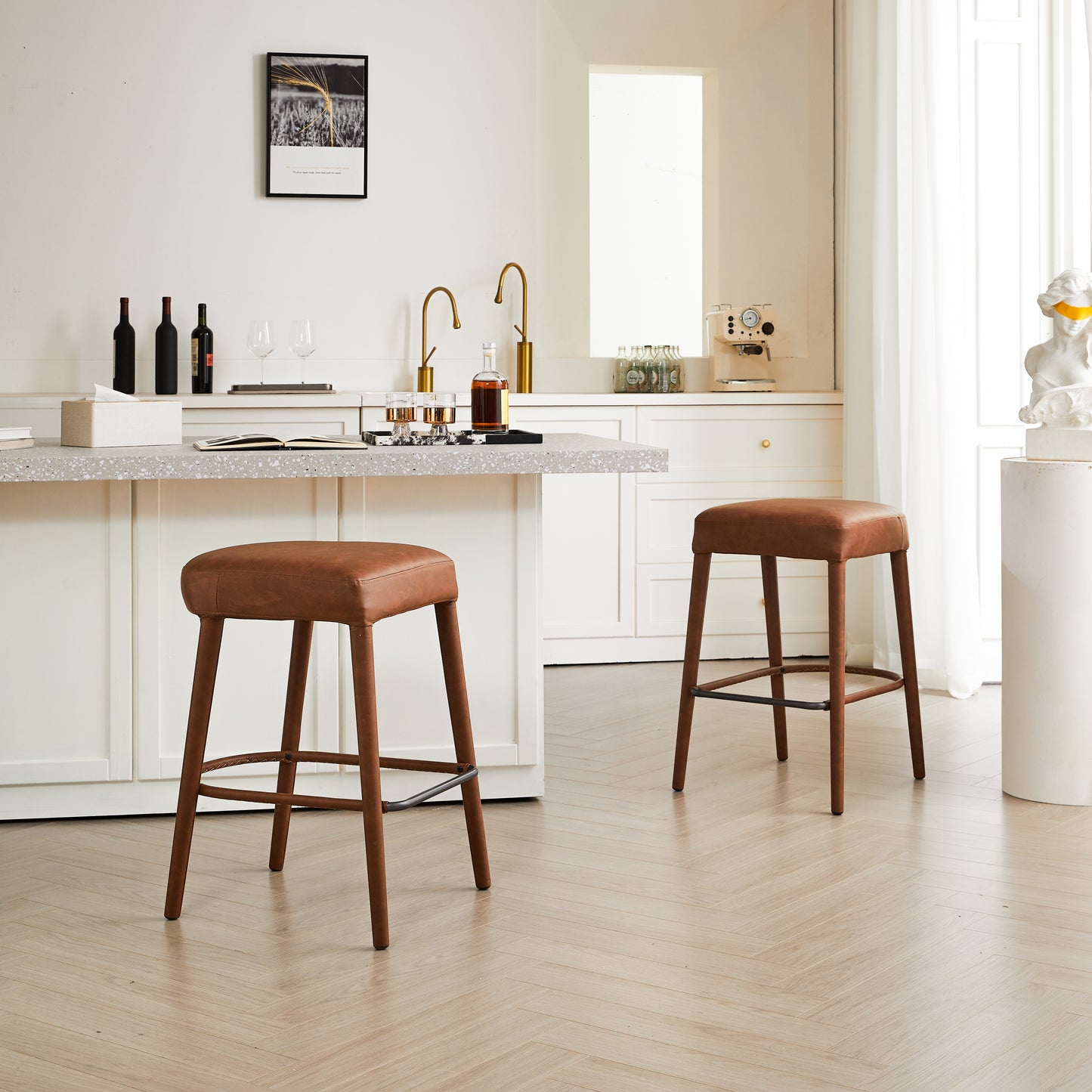 Counter Height Backless Brown Faux Leather Bar Stool  Comfortable Padded Seat With Sturdy Metal Legs & Footrest  Stylish Seating For Kitchen Island  Pub & Dining Counter 2 Sets