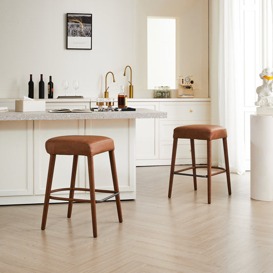 Counter Height Backless Brown Faux Leather Bar Stool  Comfortable Padded Seat With Sturdy Metal Legs & Footrest  Stylish Seating For Kitchen Island  Pub & Dining Counter 2 Sets