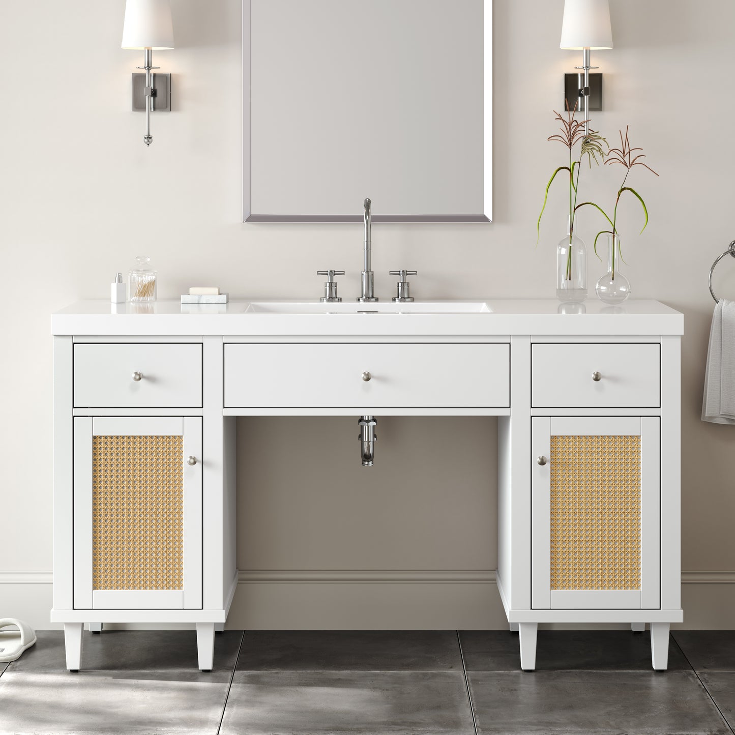 60 Inch Bathroom Vanity With SMC Sink, Modern Spacious Bathroom Storage Cabinet With Soft Close Drawers And Tip-Out Tray, Solid Wood Legs And Silver Metal Knobs,Wheelchair-friendly Style, White