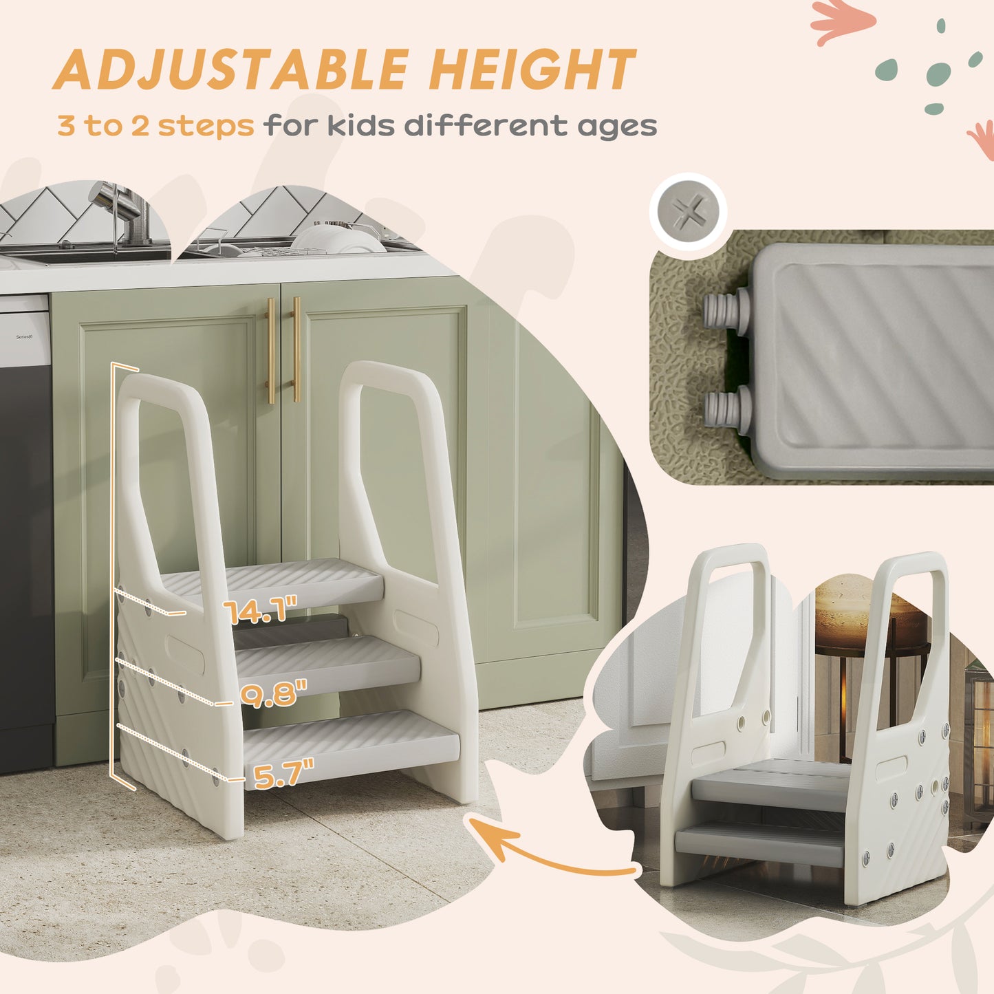 Adjustable 3 Step Toddler Tower With Handles, Non-slip Surface & Foot Pads, Gray