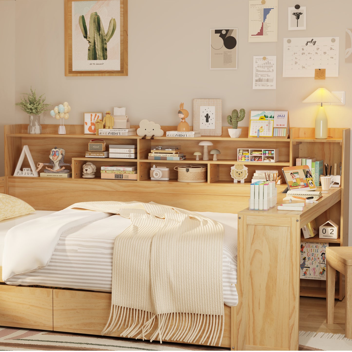 Wooden Full Size Daybed With Storage Shelves, Multi-functional Bed With Two Storage Drawers And  Study Desk, Natural