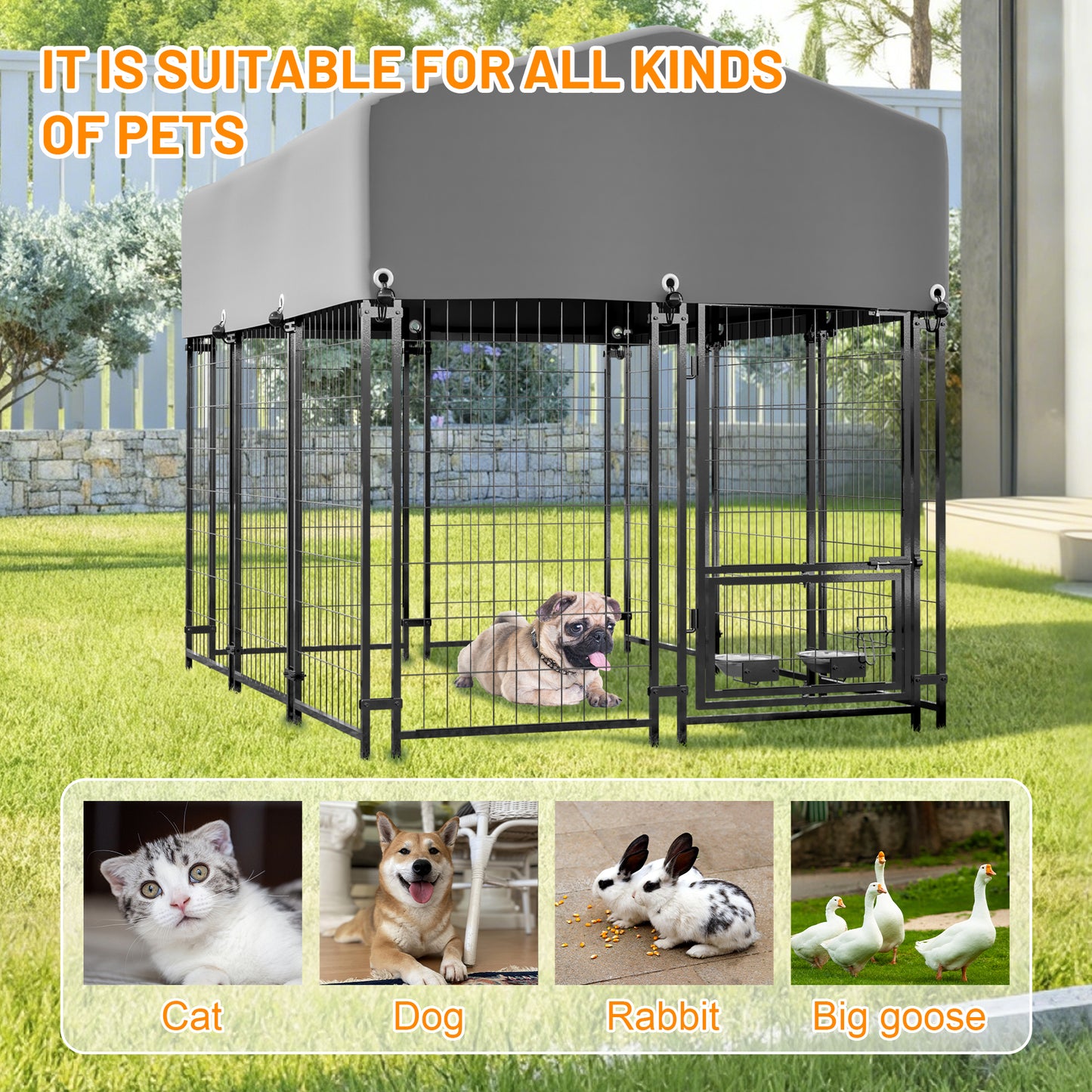 Dog Kennel Outdoor With Roof, 4.23'x5.82'x4.83' Welded Wire Enclosure, Heavy Duty Dog Crate With UV-Resistant Waterproof Cover, Double Lock & Rotating Feeder
