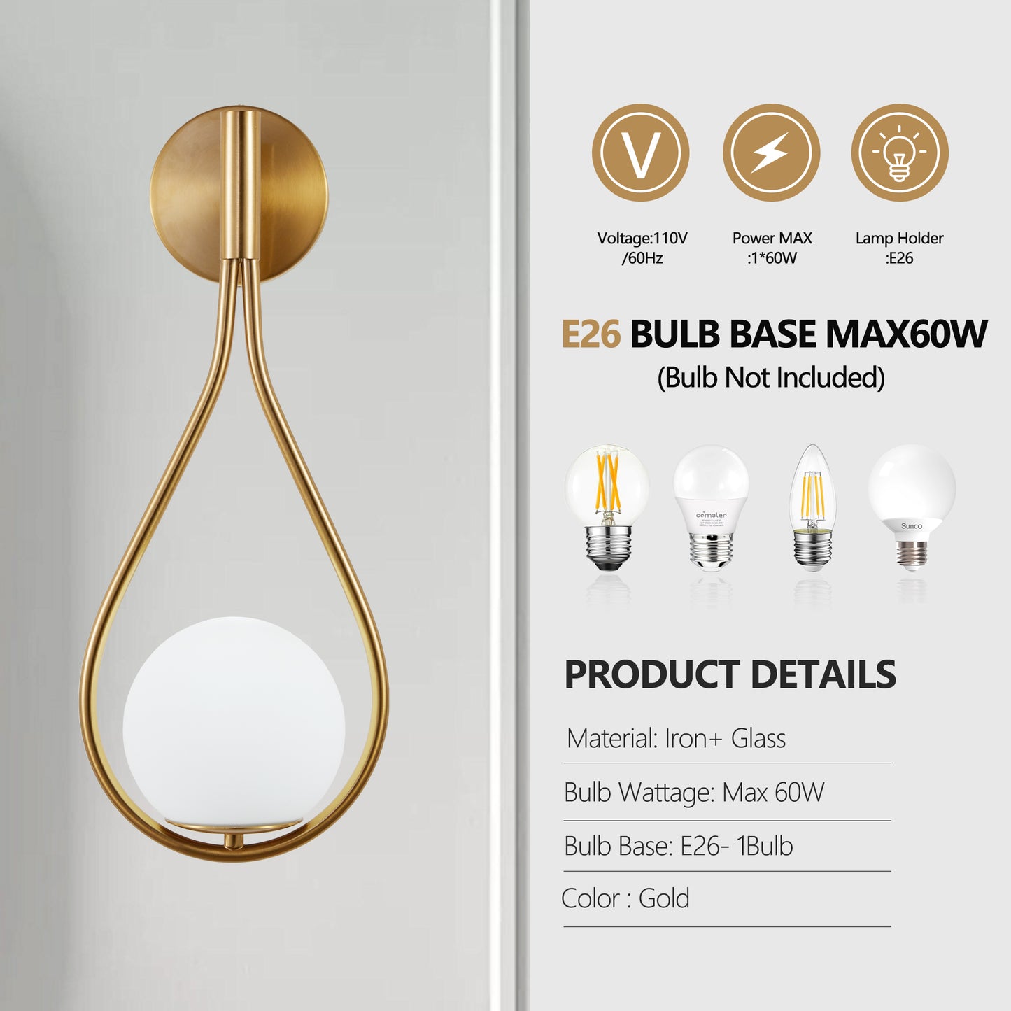 19IN  Set Of 2 Modern Golden Wall Sconces With Opal Glass Globe, Mid-Century Design, Luxury Wall Lights For Bedroom, Living Room, Hallway -No Bulb