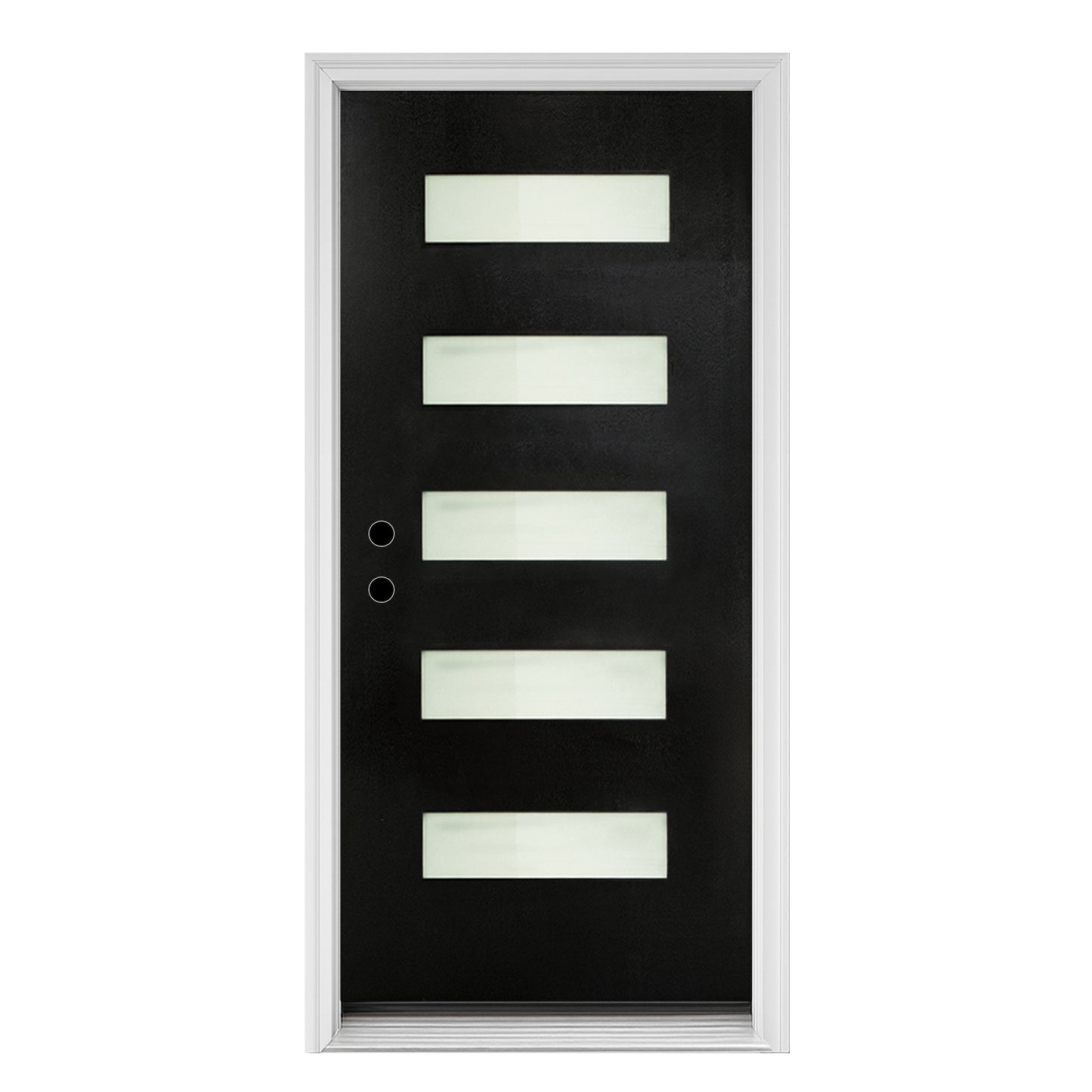 36 X 80 Fiberglass Entry Door With Brickmould, Frosted Glass, Black Finished Knock-Down Fiberglass Door - Contemporary Style For Home's Front Entrance, Right Hand Inswing With 4-9-16 White Vinyl Frame
