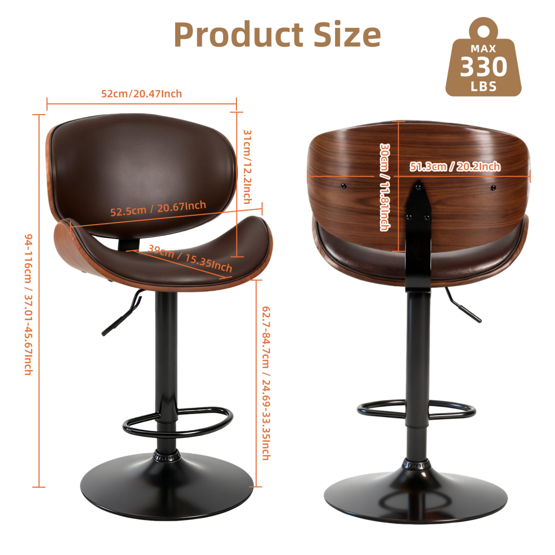 A Set Of 2 Rotating Bar Stools With Adjustable Height, PU Leather Decorative Chairs, Backrests And Footstools, And Anti-slip Rubber Bases