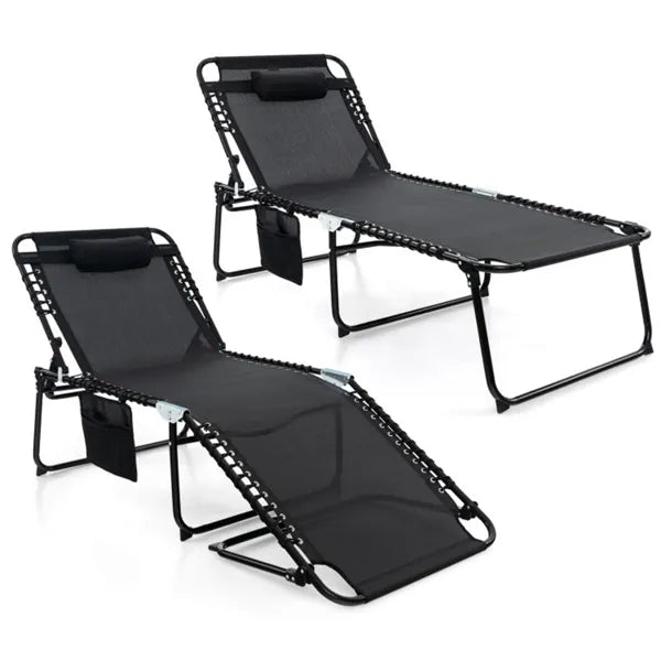 Oversized Patio Chaise Lounge, 27 Wide 4-Position Adjustable Backrest Folding Tanning Chair-Black