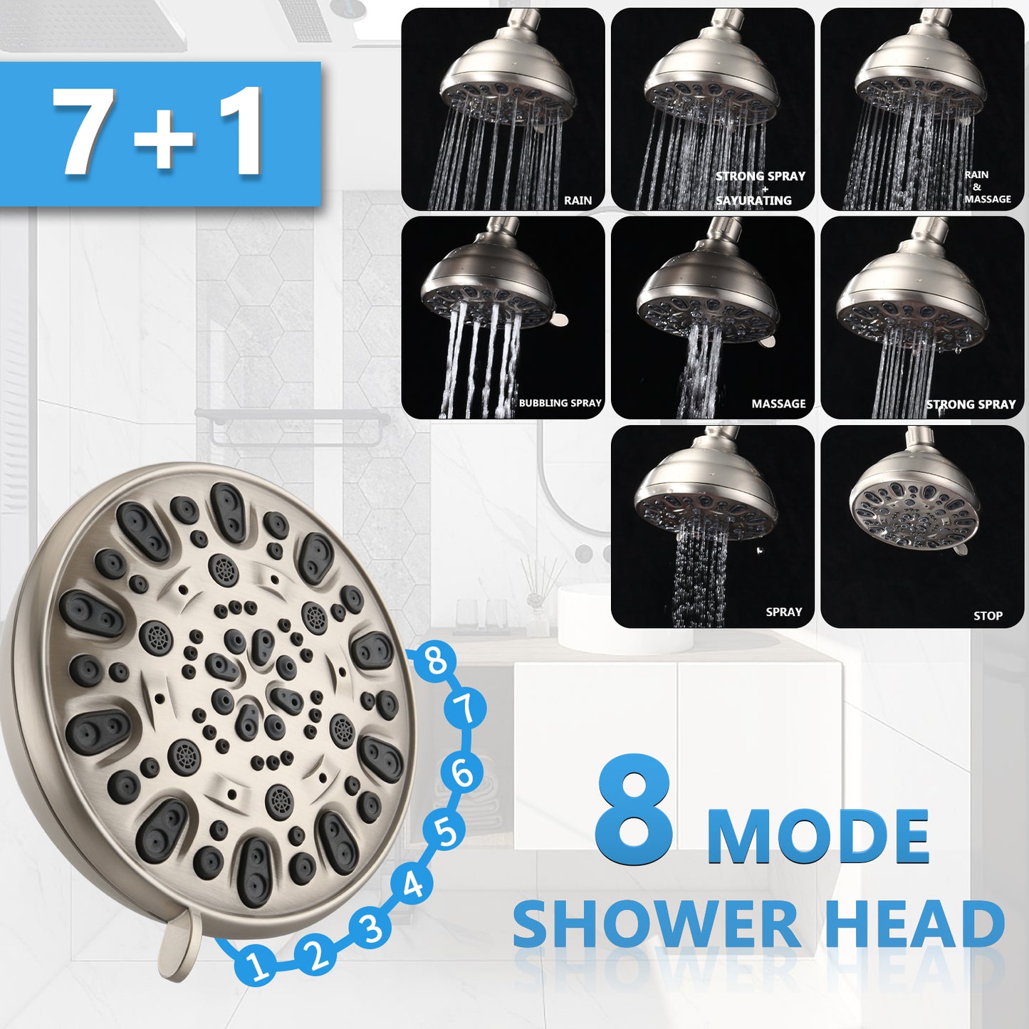 No-Tool Installation 5 Inch Rain Shower & 7-Spray Handheld Combo With 26  Adjustable Slide Bar, Dual Flow 1.8GPM WaterSense