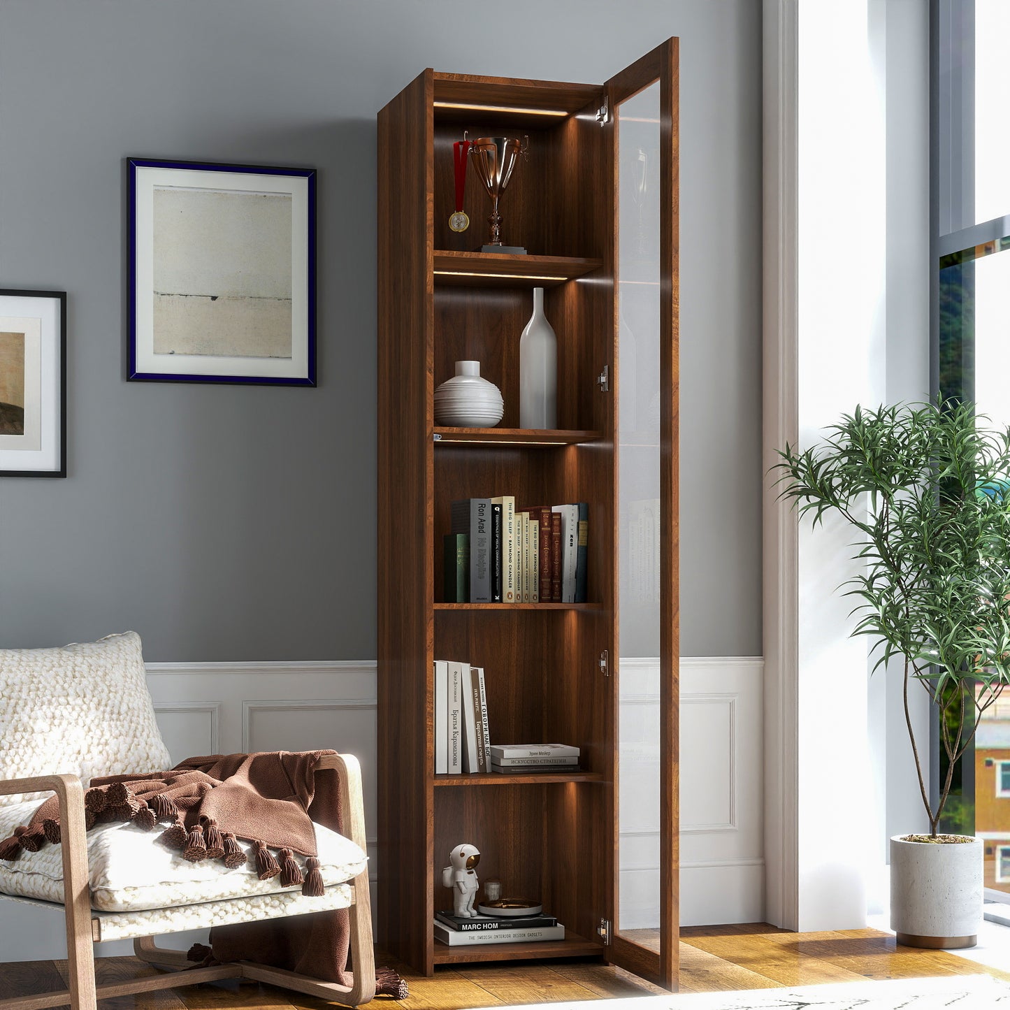 Display Cabinet With Transparent Acrylic Plate Doors, Curio Storage Cabinet With 5 Shelves, Bookcase With LED Lights