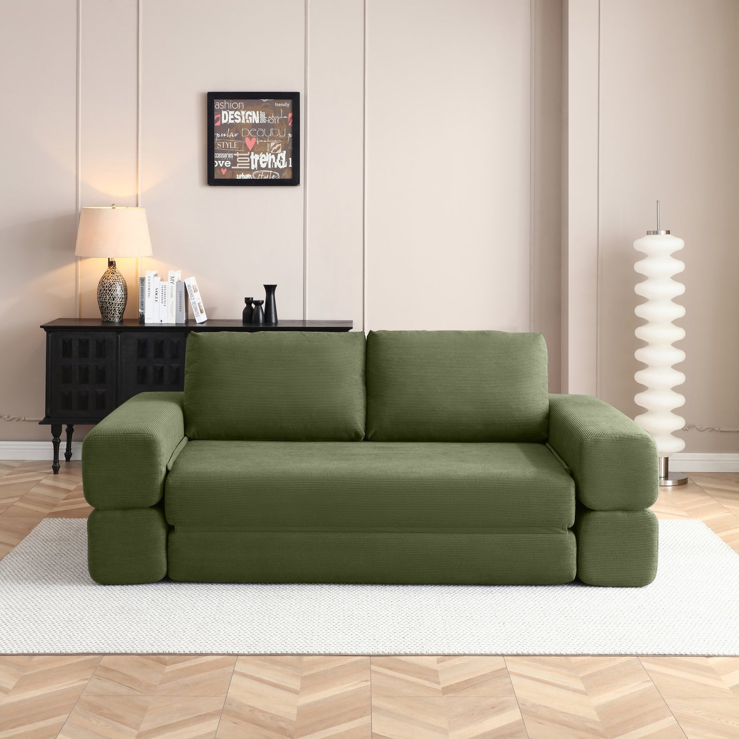 81 Convertible Sofa Bed,3 In 1 Folding Floor Couch Corduroy Fold Out Couch Bed Futon Sleeper Mattress With Pillows,Boneless Sofa Comfy Lounge Loveseat For Living Room, Bedroom, Green