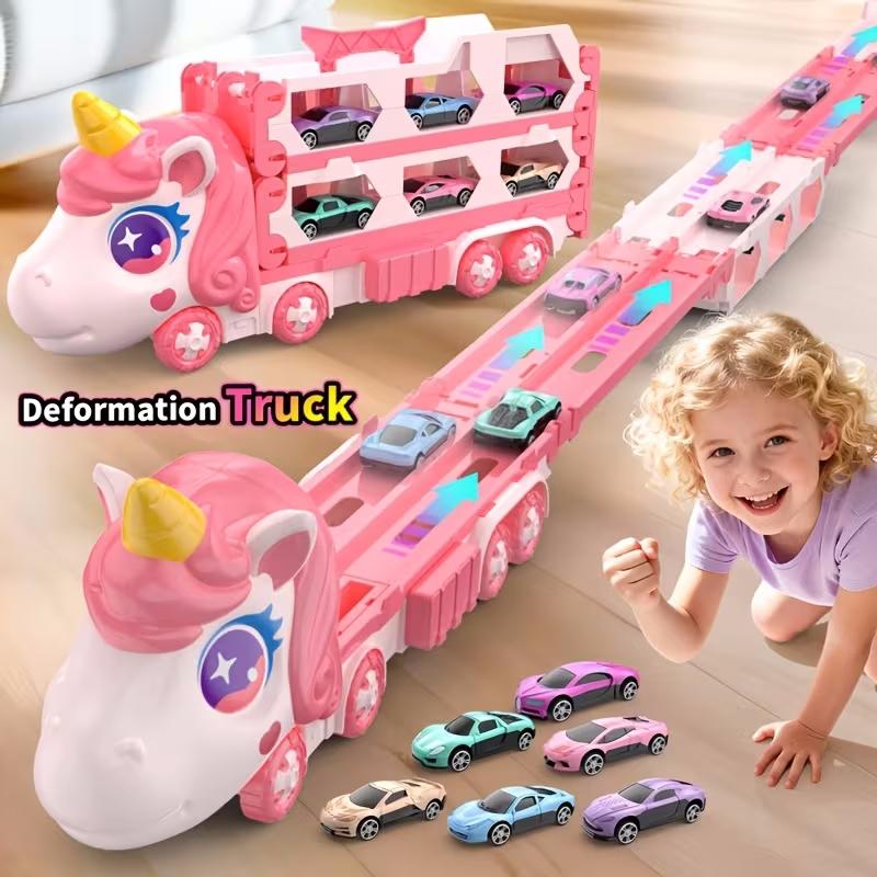 Cute  Transforming Truck Toy Expandable Racetrack & Vehicle Storage Set Portable Carrier With Mini Cars Toy For Girls Ages 3 And Up,Pickup Only