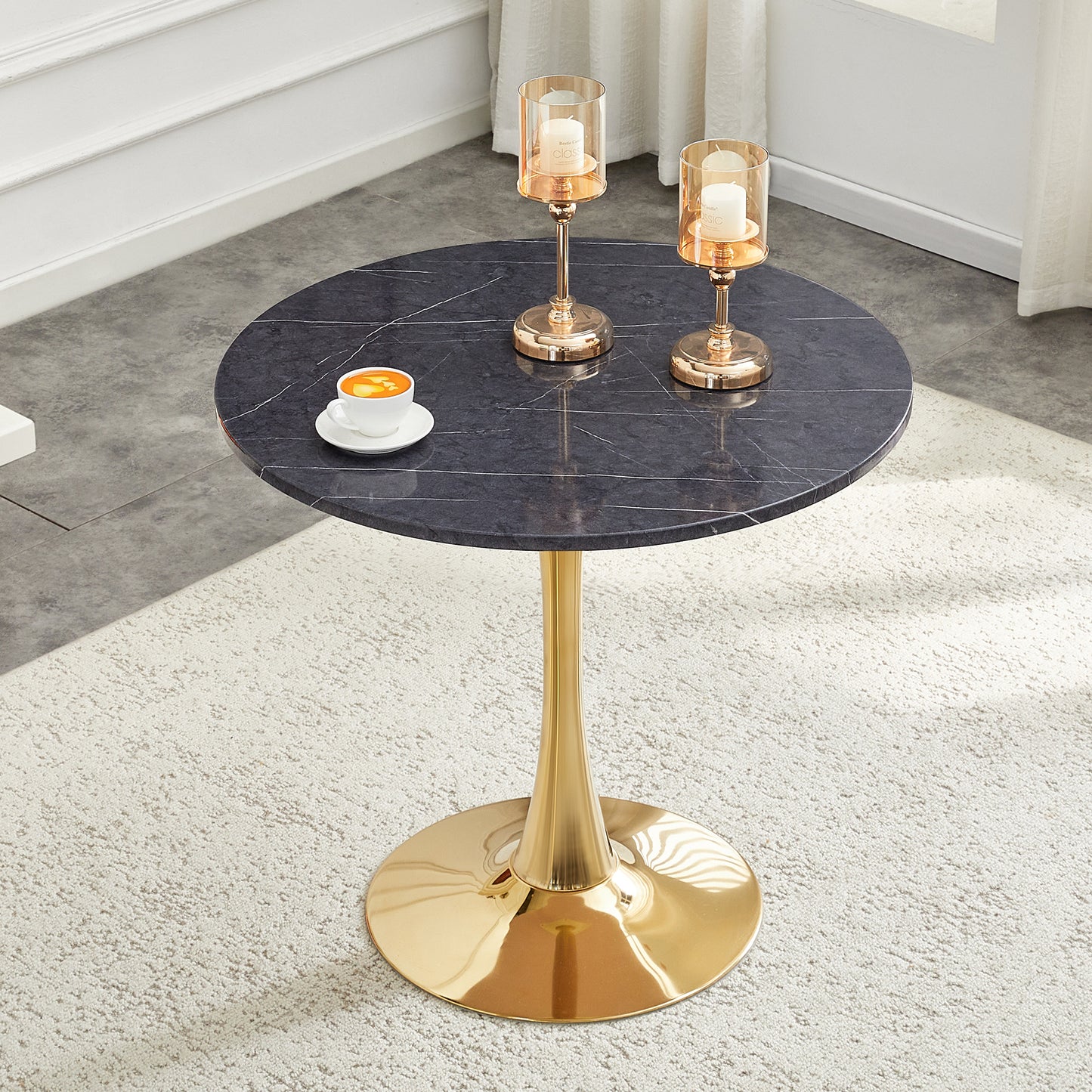 Round Dining Table, 31.5in Circle Tulip Table With Thickened Tabletop & Metal Pedestal, Mid Century Modern Bistro Table For Kitchen, Small Places, Living Room, Cafe  Faux Marble