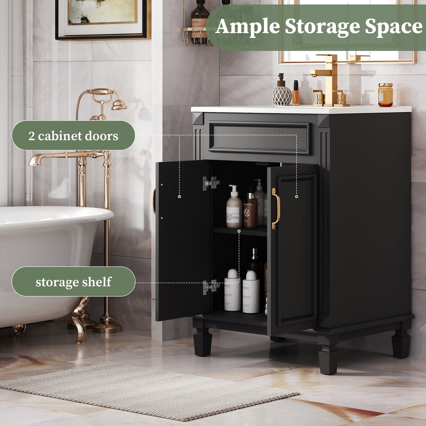 24'' Bathroom Vanity With Top Sink, Modern Bathroom Storage Cabinet With 2 Soft-Closing Doors And Adjustable Shelf, Solid Wood Frame