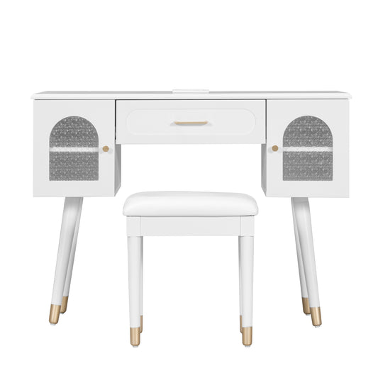 Elegant Vanity Makeup Table & Chair Set, Modern Dressing Table With Organizer, Writing Desk, Charging Port, White