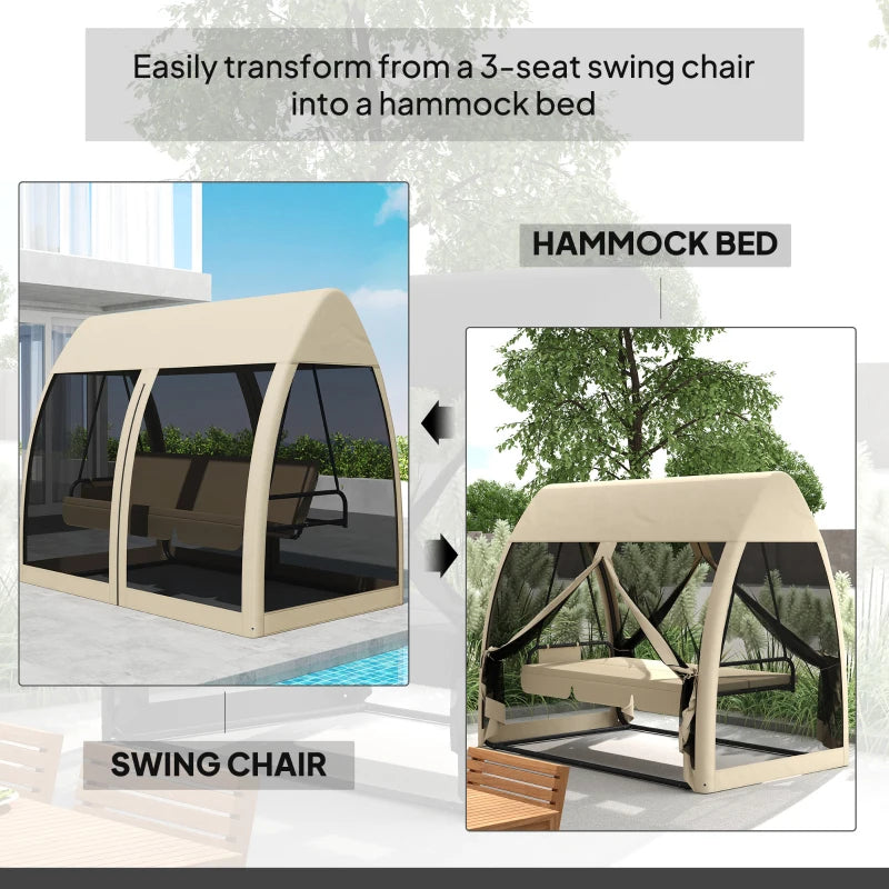 3 Seat Outdoor Swing Chair Convertible Covered Day Bed With Canopy, Mesh Netting, Steel Stand For Garden, Patio, CoffeeFor Multiple Packages, Please Pay Attention To The Detailed Dimensions And Weight