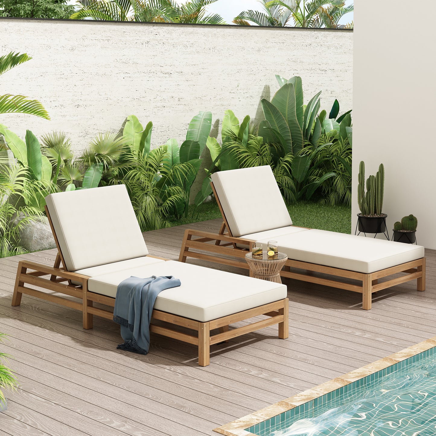 TREXM 5-Position Adjustable Outdoor Chaise Lounge Set Of 2  Solid Wood Patio Recliner Chair With Thick Cushions  Weather-Resistant For Pool  Balcony & Garden  Light Teak