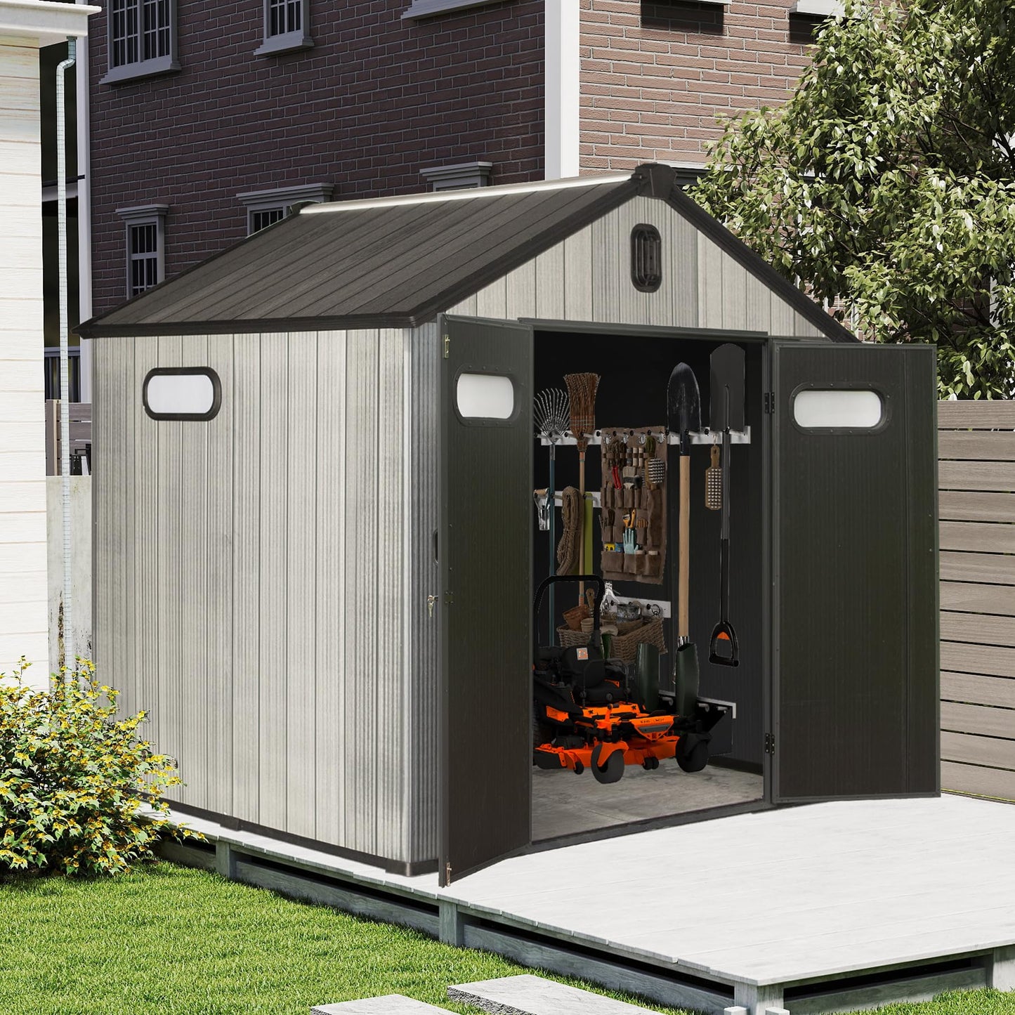 8x6FT Resin Outdoor Storage Shed With Lockable Door, Waterproof Outside Sheds With Windows & Vents, Heavy-Duty Plastic Tool Storage Shed For Patio Furniture, Lawn Mower, Bike