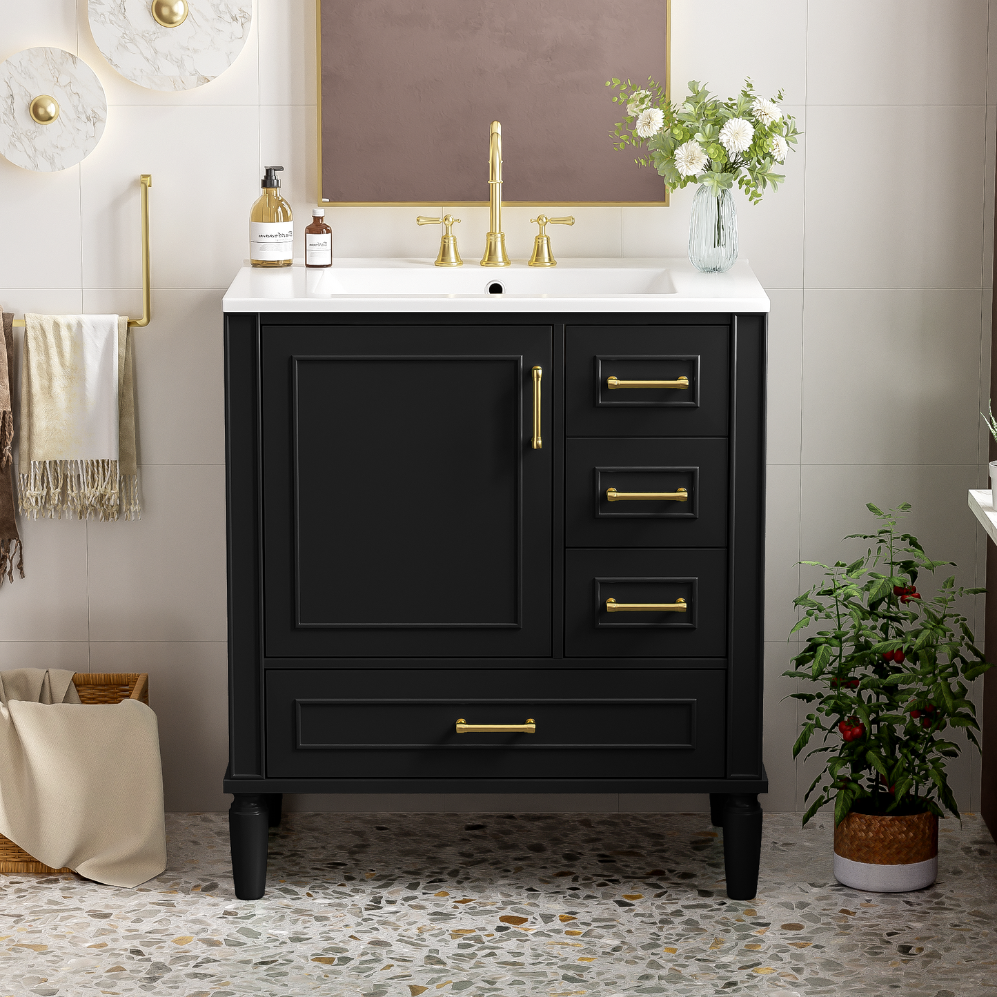 Traditional 30  Black Bathroom Vanity Set, Floor Standing, With Three Drawers, Soft Close Doors, With Long Gold Metal Handles - Perfect For Small Bathrooms