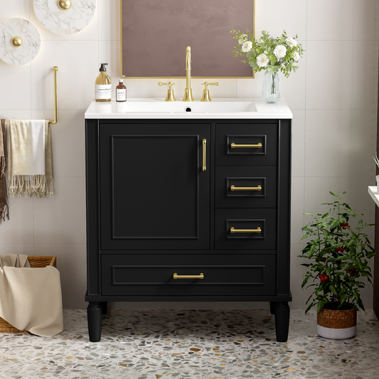 Traditional 30  Black Bathroom Vanity Set, Floor Standing, With Three Drawers, Soft Close Doors, With Long Gold Metal Handles - Perfect For Small Bathrooms