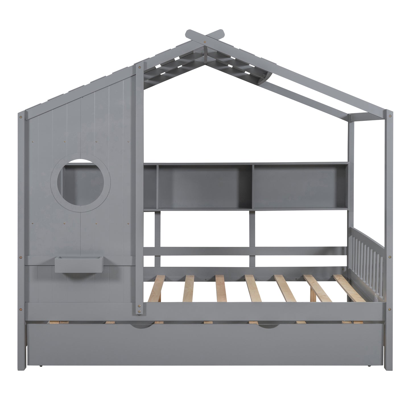 Wooden Full Size House Bed With Trundle, Modern Design For Kids With Storage Shlef, Gray Old SKU HL000095AAE