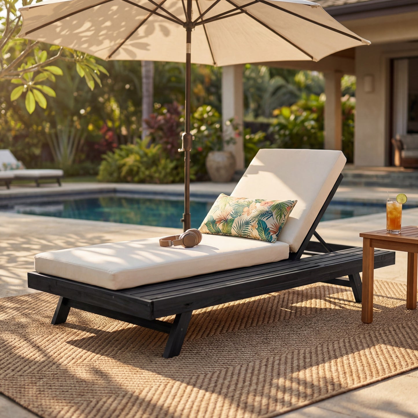 Lounge Chaise Set, Space Available On One Side, Acacia Wood In Black With Water-Resistant Lounge Cushions  Cream & 4 Inch Thick  -Matching Dark Grey Version Available