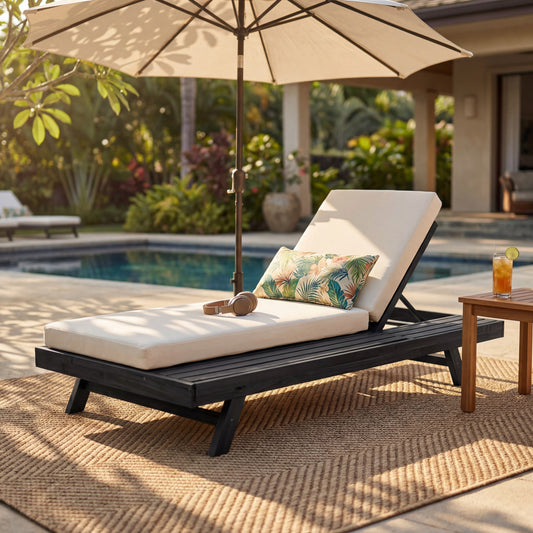Lounge Chaise Set, Space Available On One Side, Acacia Wood In Black With Water-Resistant Lounge Cushions  Cream & 4 Inch Thick  -Matching Dark Grey Version Available