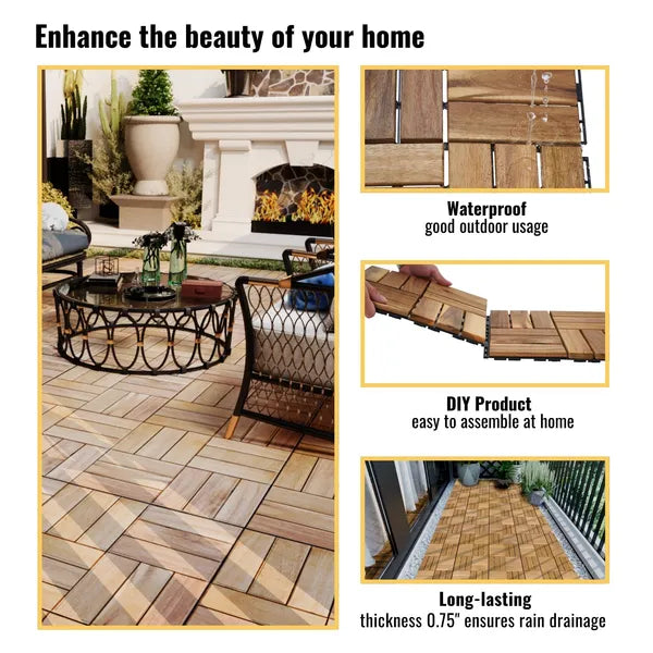 10 PCS Interlocking Deck Tiles Checker Pattern, 12' X 12' Square Yellow Acacia Hardwood Outdoor Flooring For Patio, Bancony, Pool Side