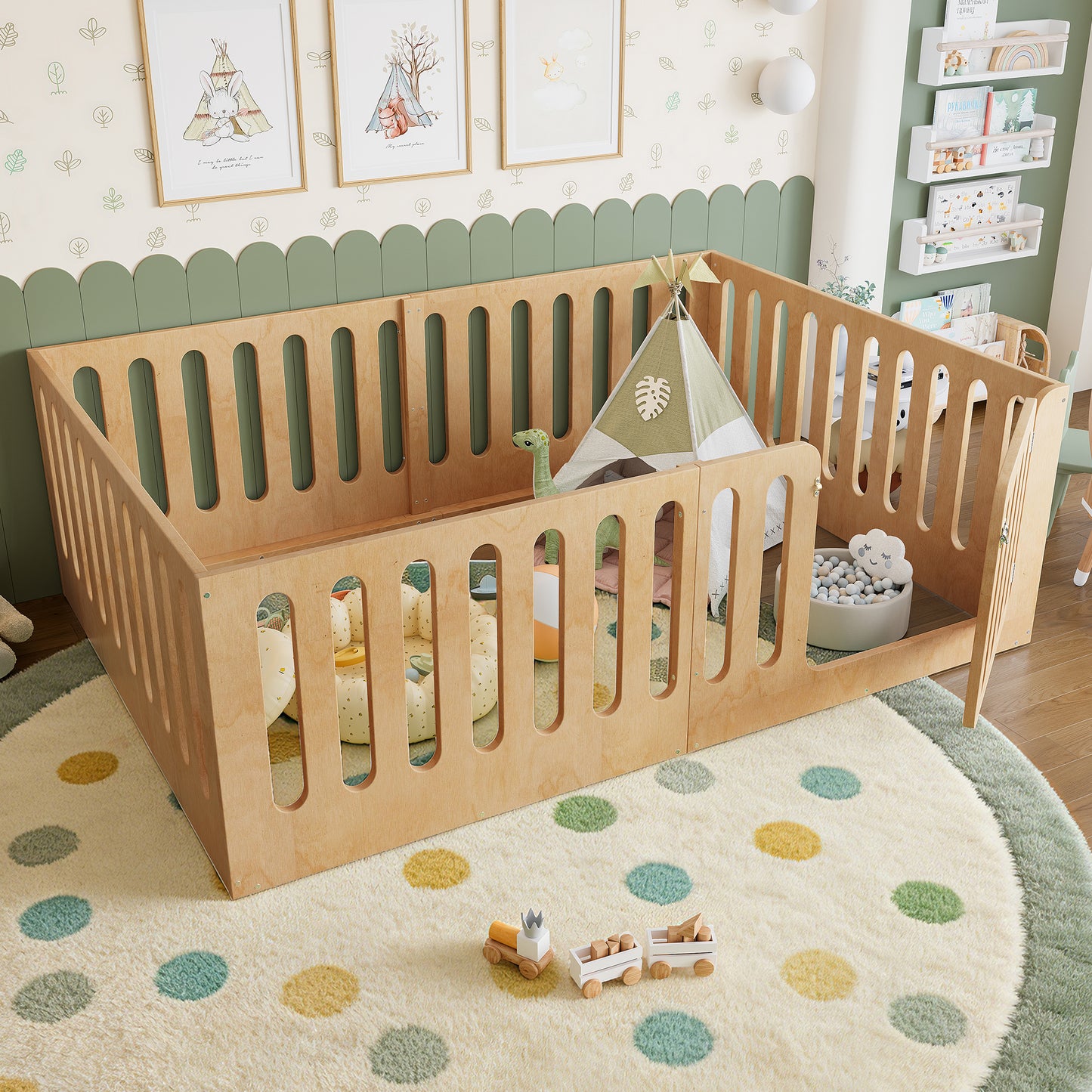 Full Size Floor Bed With High Fence For Kids, Solid Wood Kids Montessori Bed With Door, Low-profile And No Box Spring Needed Design, Natural.Patent Protection